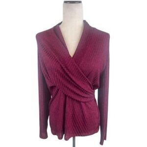 New‎ DKNY Purple Ribbed Knit Faux Wrap Long Sleeve Sparkle Blouse Top Size Large